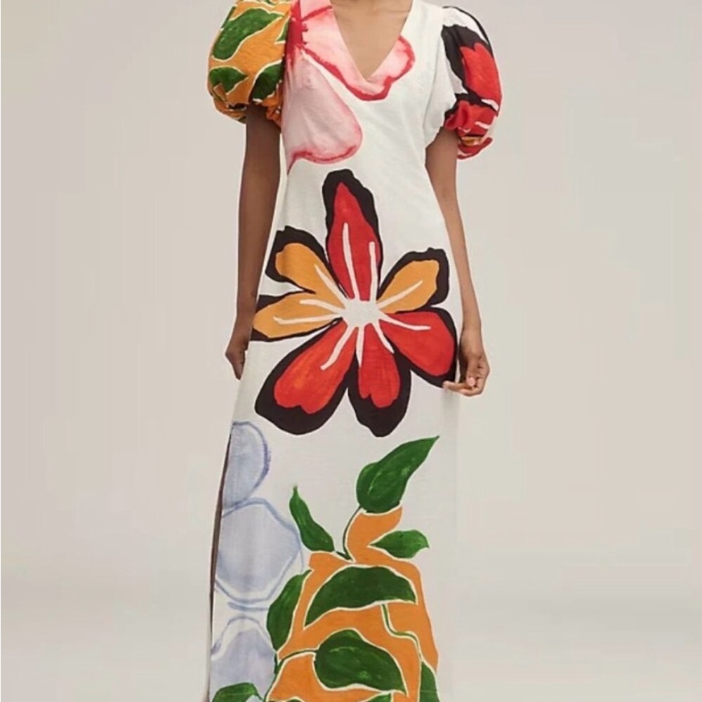 Anthropologie White Maxi Dress with Bold Floral Print Size Medium